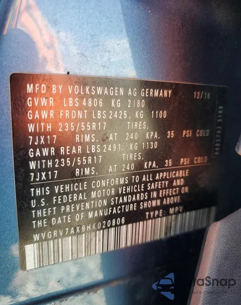 2017 Volkswagen Tiguan Wolfsburg z USA, uszkodzony, nr VIN WVGRV7AX9HK020806